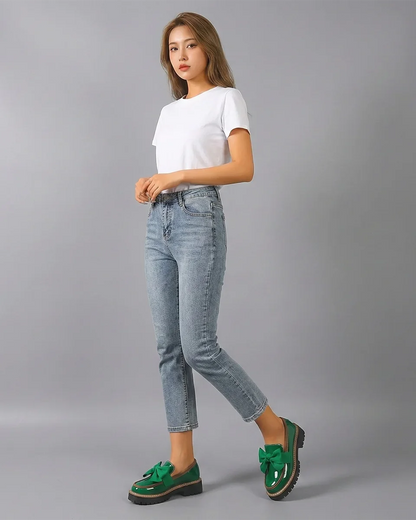 Dámské platformové lakované mokasíny s mašlí