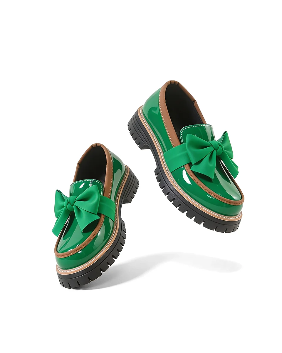 Dámské platformové lakované mokasíny s mašlí