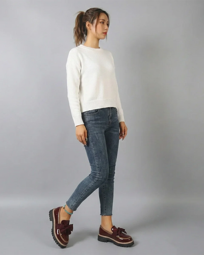 Dámské platformové lakované mokasíny s mašlí